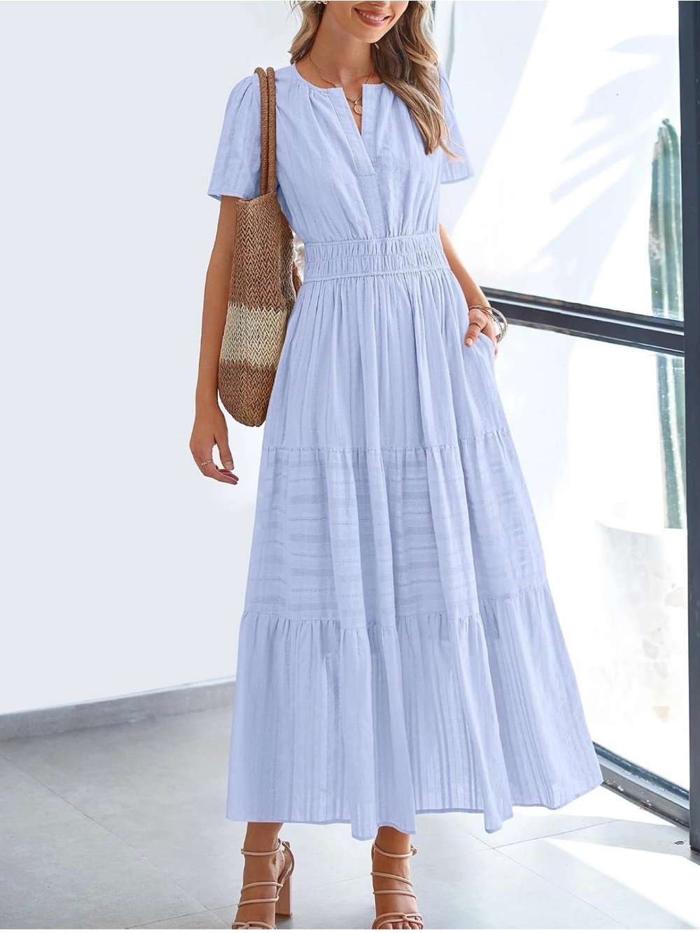 BTFBM Smocked Waist Light Blue Maxi Dress with V-Neck
